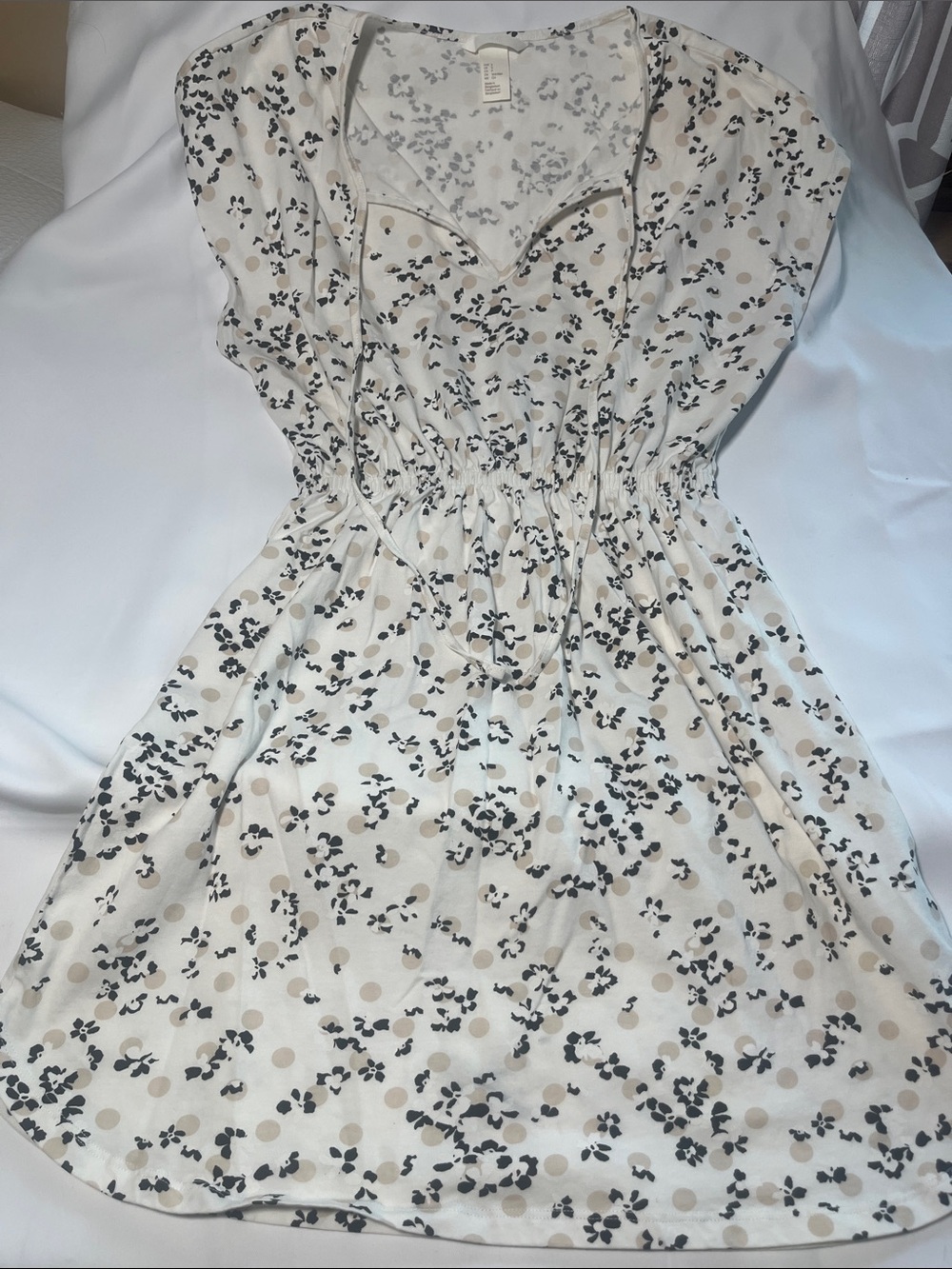 H&M Cream Mini Dress with Black Floral and Beige Dot Print
